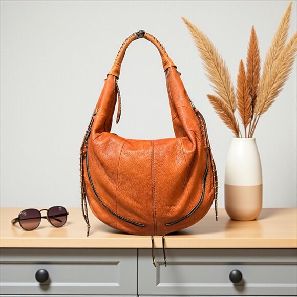 orYANY Jasmine Hobo Congac Pebbled Leather Shoulder Bag Slouchy Studded Tassels - Picture 1 of 12